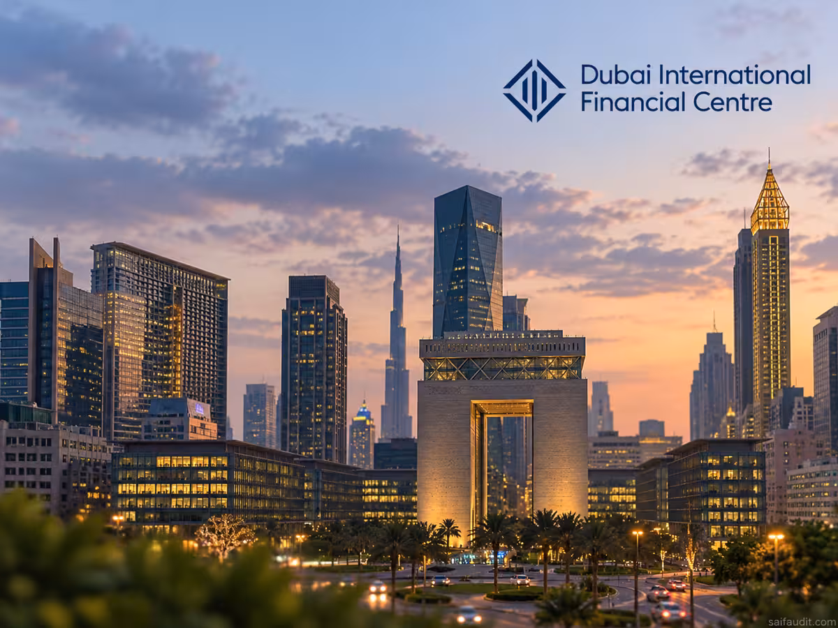 Dubai International Financial Centre skyline and The Gate at dusk