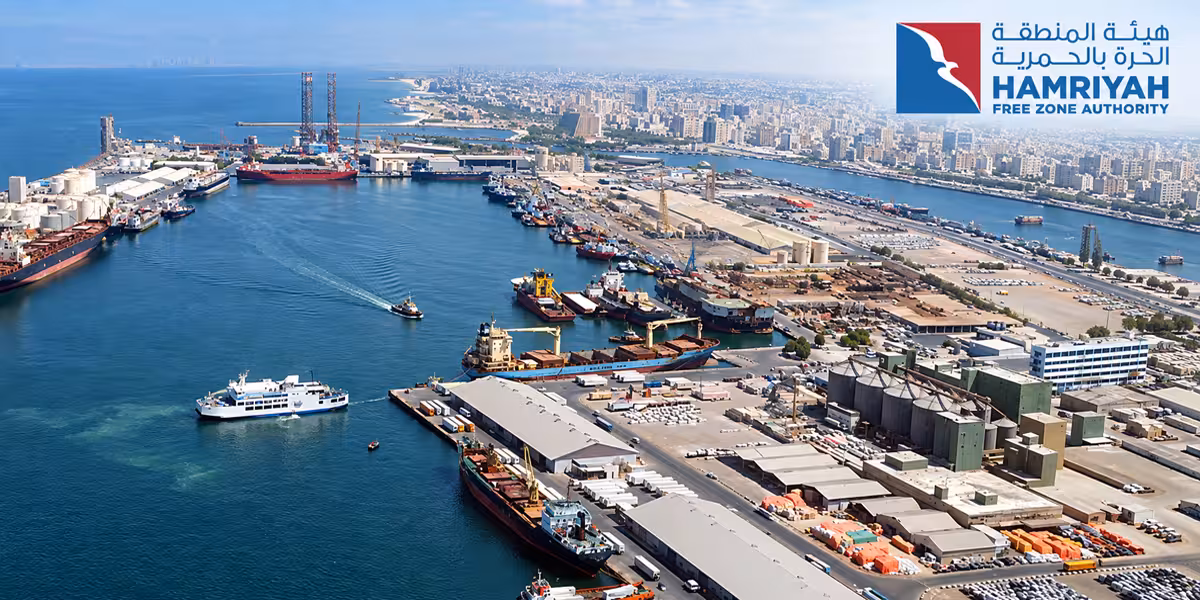Aerial view of a harbour with vessels, warehouses and industrial facilities