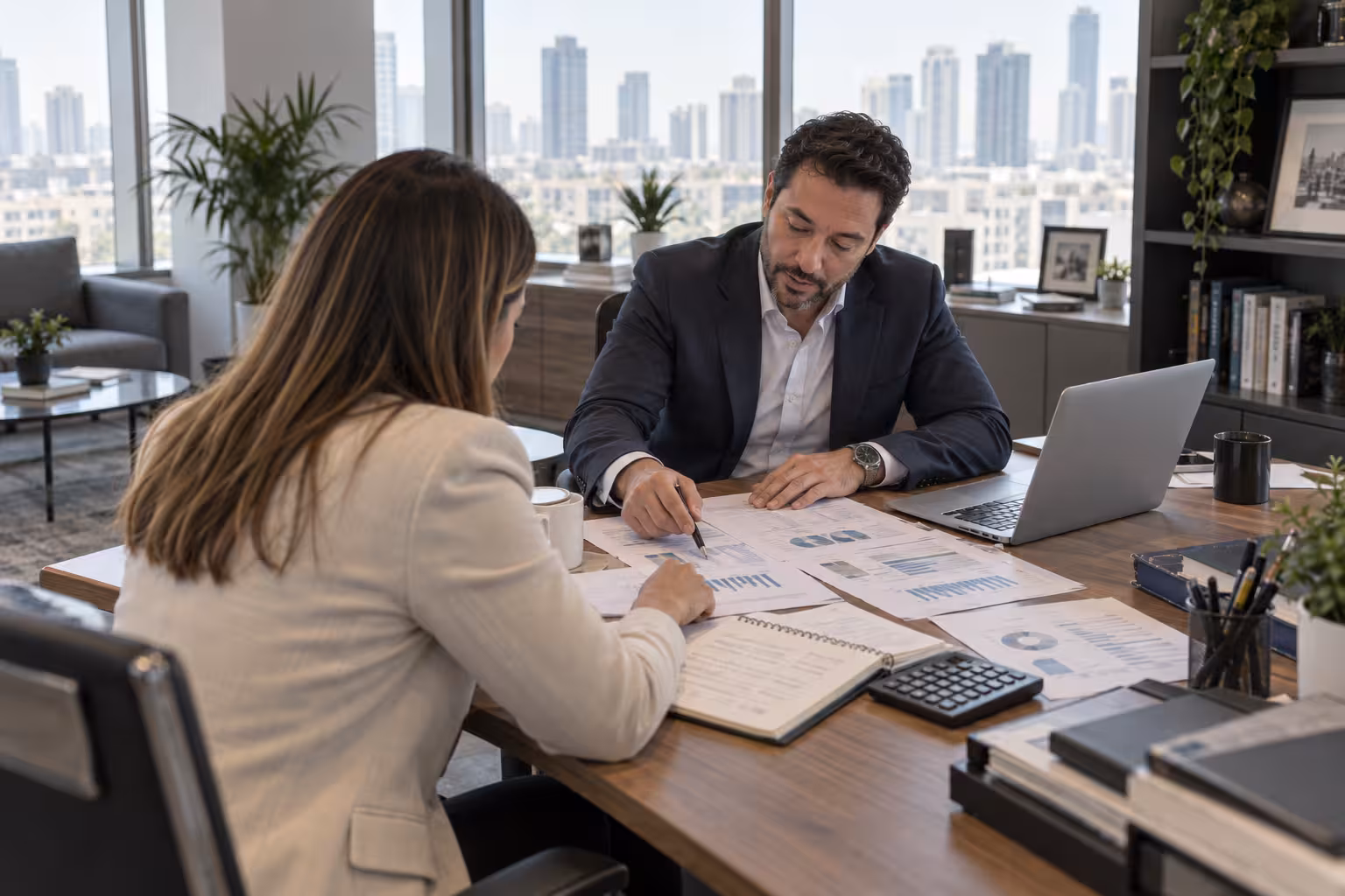 Two professionals discussing financial projections with printed charts, a calculator and laptop