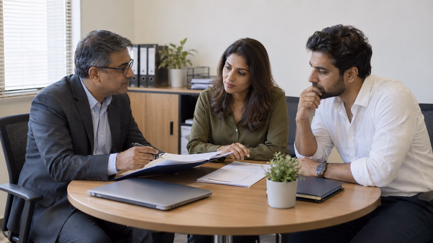Business owners and an adviser discussing a company closure checklist in an office