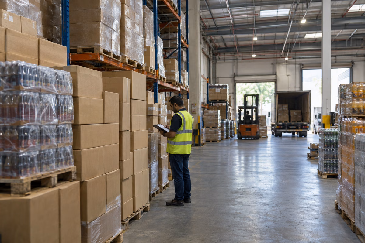 Warehouse inventory specialist checking unbranded beverage cartons and stock records