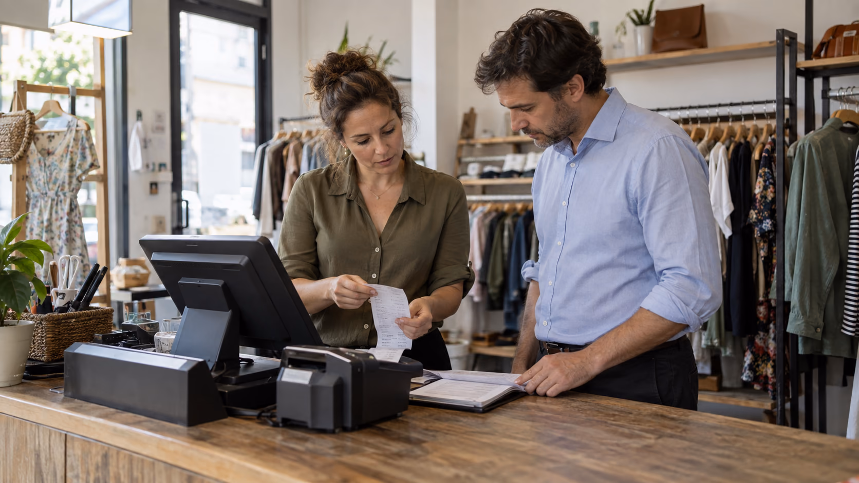 Retailer and customer reviewing a receipt at a shop counter