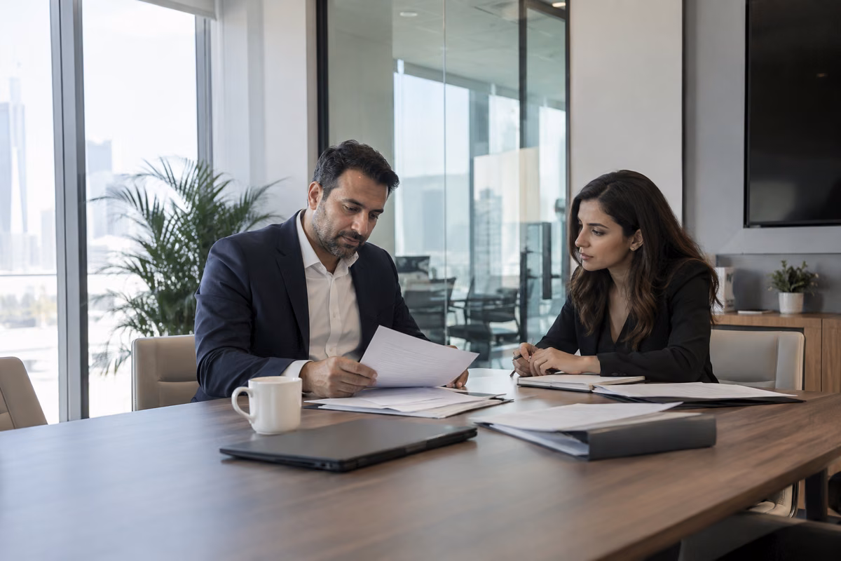 Finance professionals reviewing closing accounts and company records in an office