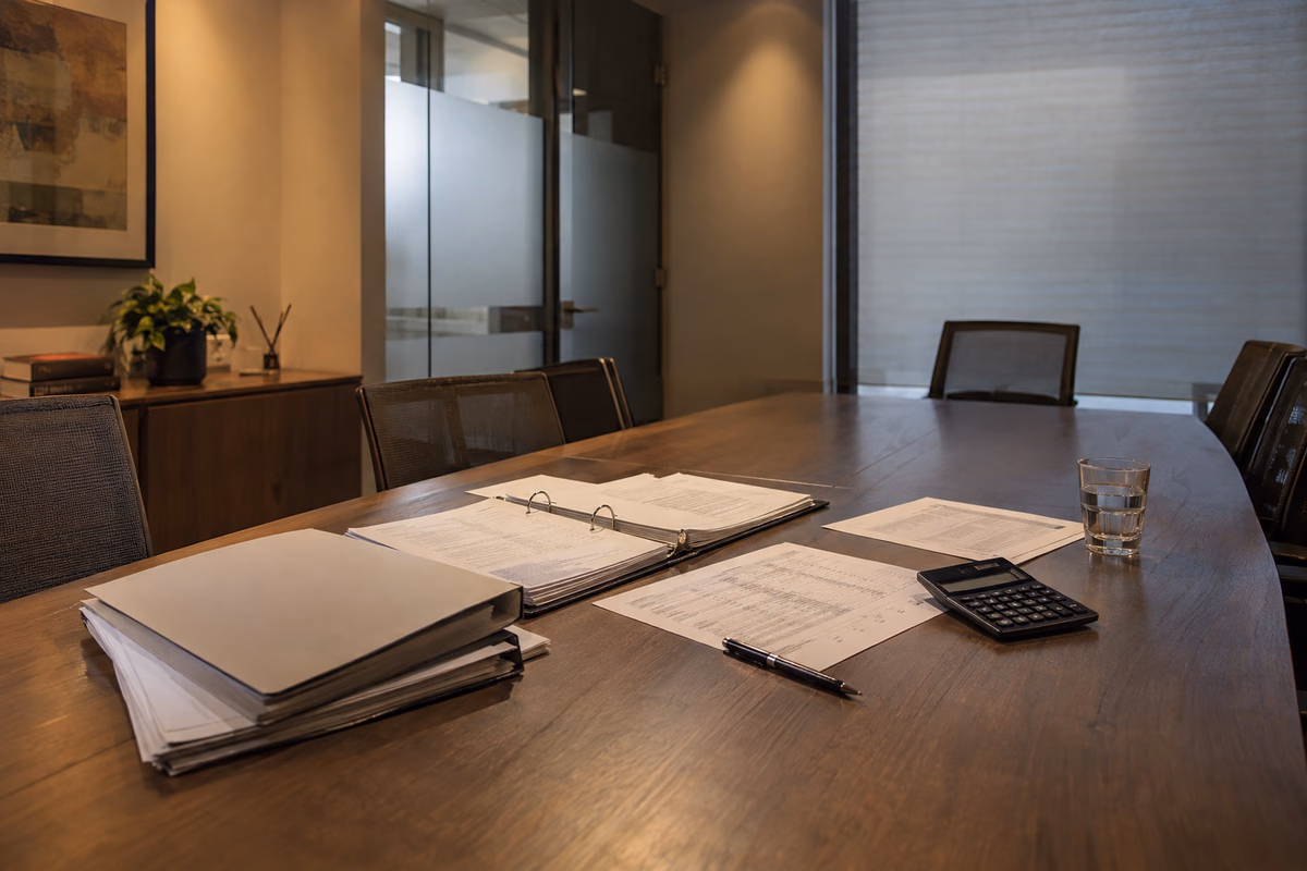 Wide view of accounting records, a folder and calculator laid out for a tax-decision review