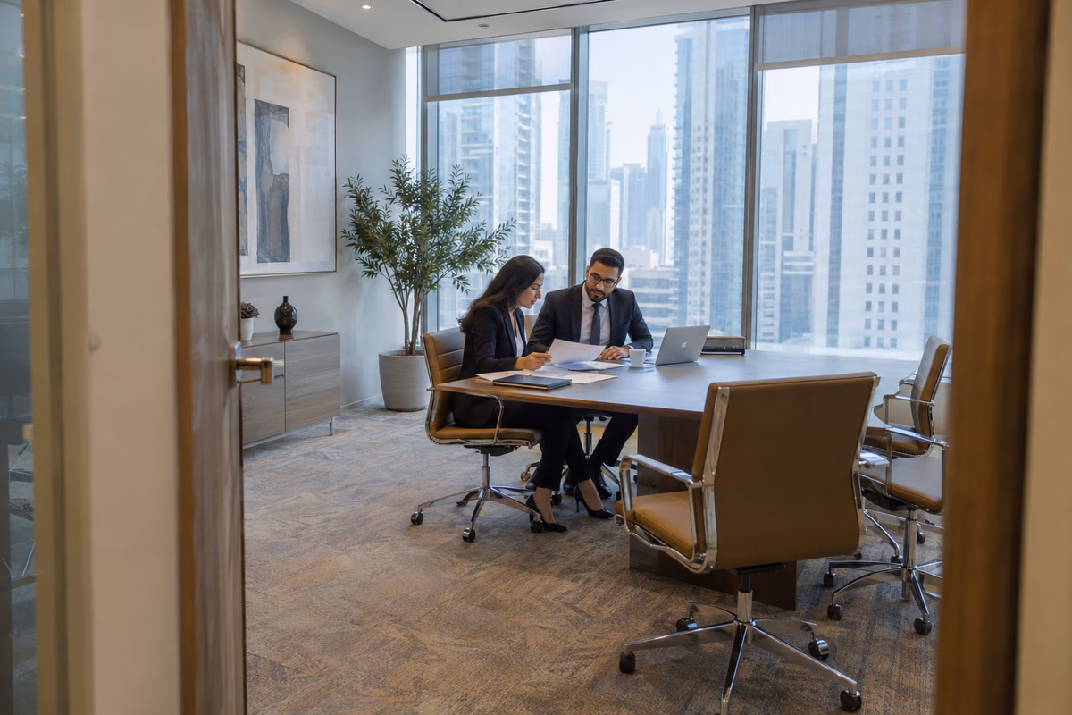 Finance professionals reviewing transaction records in a meeting room