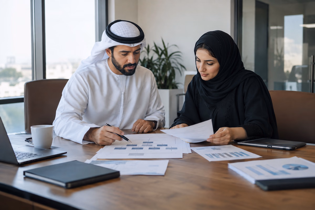Two finance professionals reviewing a corporate group structure and financial records