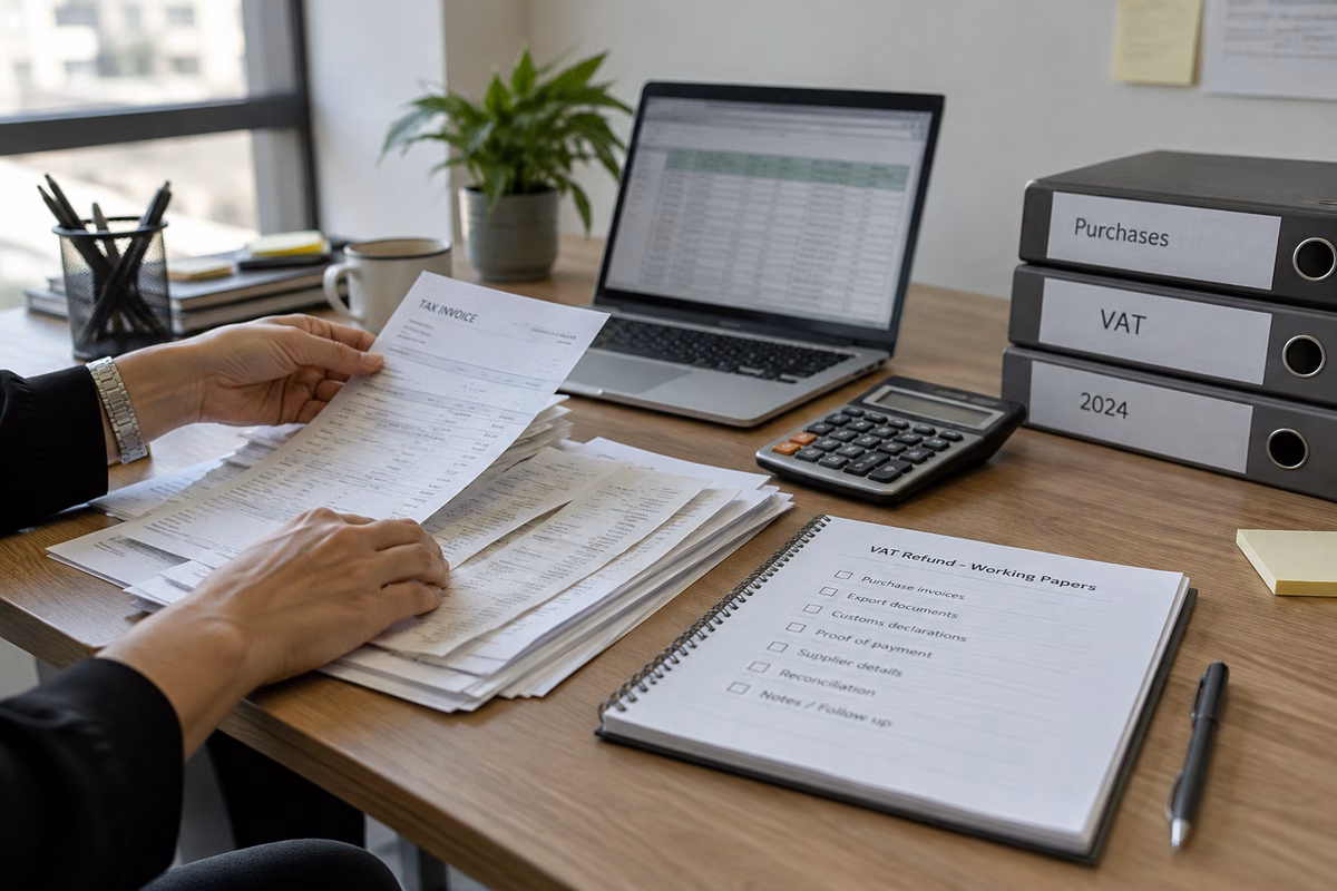 Accountant organising VAT purchase invoices and refund working papers